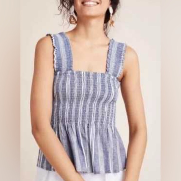 Anthropologie Tops - Anthropologie Navy and White Striped Linen Mix Tank Top